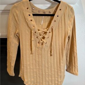 Free People NWOT Ice Cold Top Lace-Up Ribbed Quarter Long Sleeve Top - Sun Fade